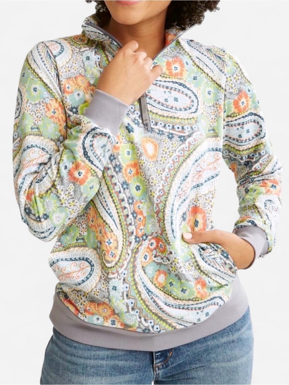 Vera Bradley Orange Gray Floral Citrus Paisley 1/4 Zip Pullover Women’s XS NWOT